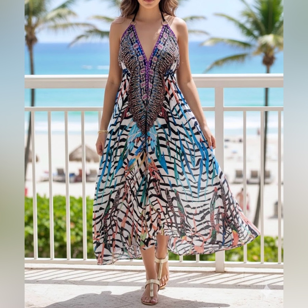 CELINA || Vibrant Embellished Halter Maxi Dress in Geometric Tribal - One Size